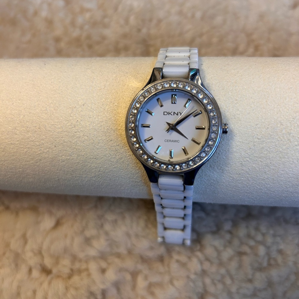 DKNY Women's Watch with White Ceramic Band and Silver Accents